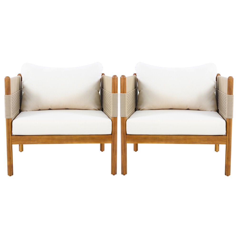 Hearth and Haven Outdoor Club Chair with Diamond Pattern Rope and Light Teak Frame in Cream (Set of 2), , large