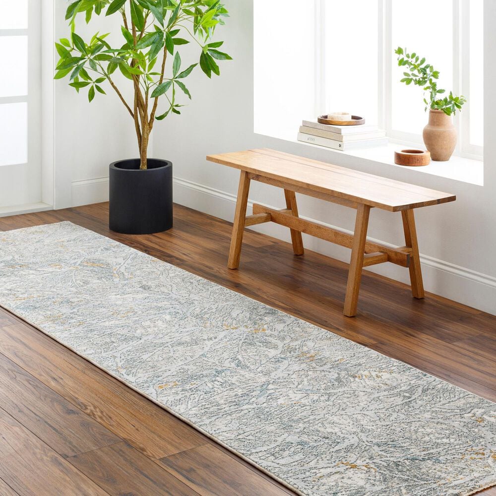 Surya Dresden DRE-2317 White, Medium Gray, Light Slate, Gray, Denim and Mustard 2&#39;7&quot; x 7&#39;3&quot; Runner, , large