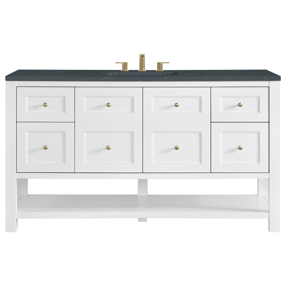 James Martin Vanities Breckenridge 60" Single Bathroom Vanity in Bright White with 3 cm Charcoal Soapstone Quartz Top and Rectangular Sink, , large