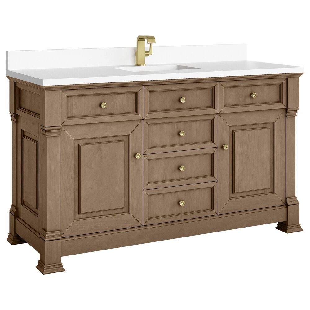 James Martin Vanities Brookfield 60" Single Bathroom Vanity in Pecan with Single Hole 3 cm White Zeus Quartz Top and Rectangular Sink, , large