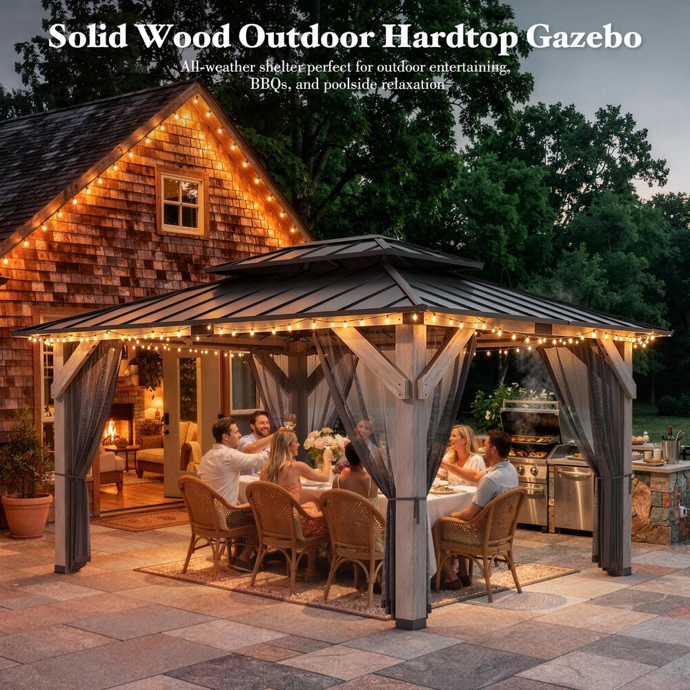 HOMLUX 12' x 16' Patio Hardtop Gazebo with Wood Posts in Light Gray, , large