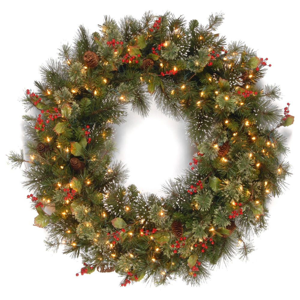 National Tree 36" Wintry Pine Wreath with Cones, Red Berries, Snowflakes with White Lights, , large