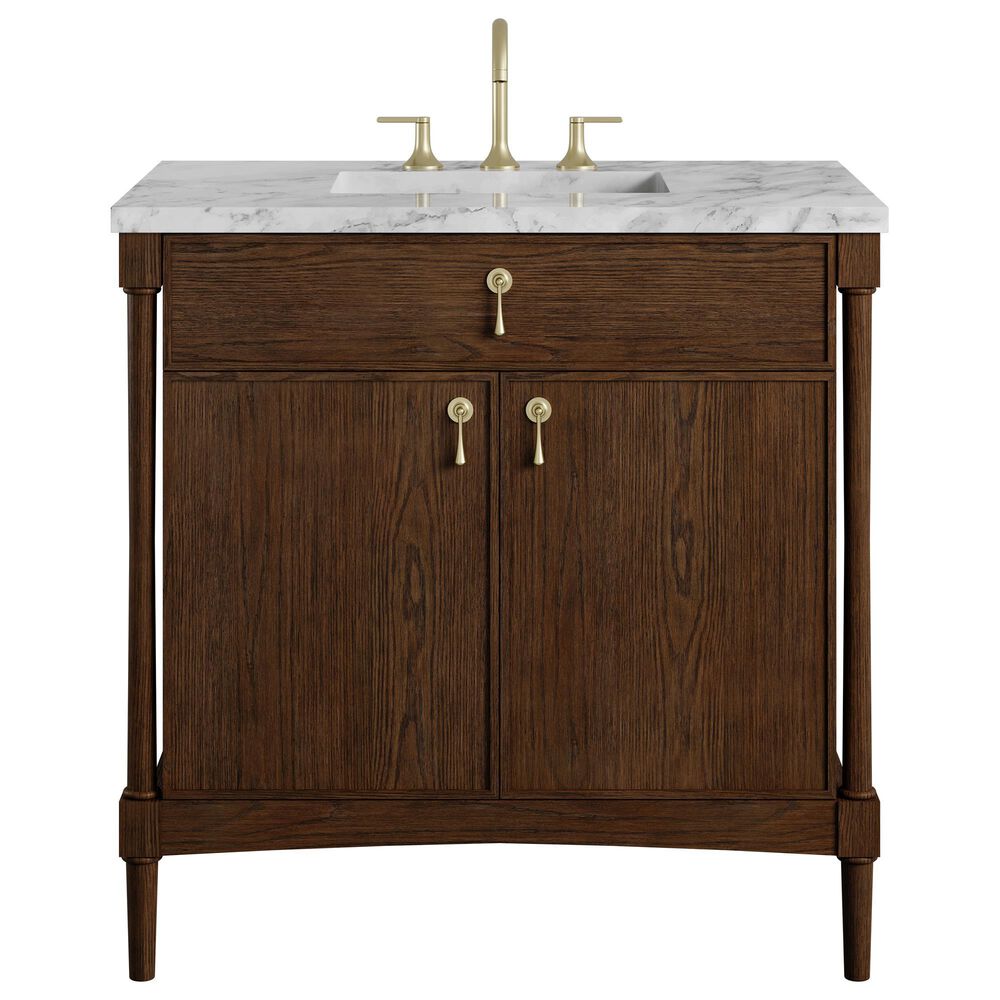 James Martin Kinnsden 36" Single Bathroom Vanity in Sable Oak with 3 cm Carrara Marble Top and Rectangular Sink, , large