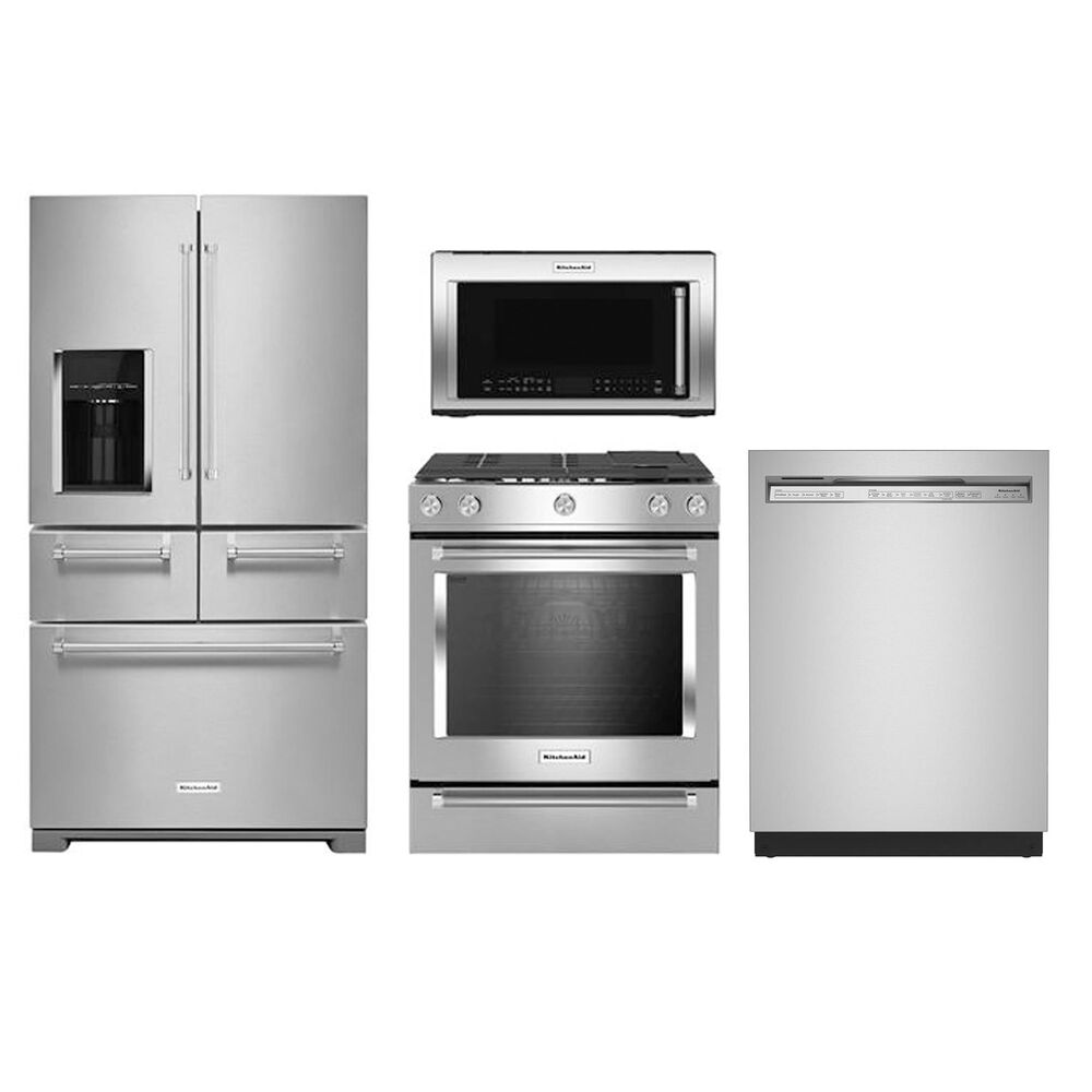 KitchenAid 4Piece Kitchen Package with Slidein Gas Range in Stainless