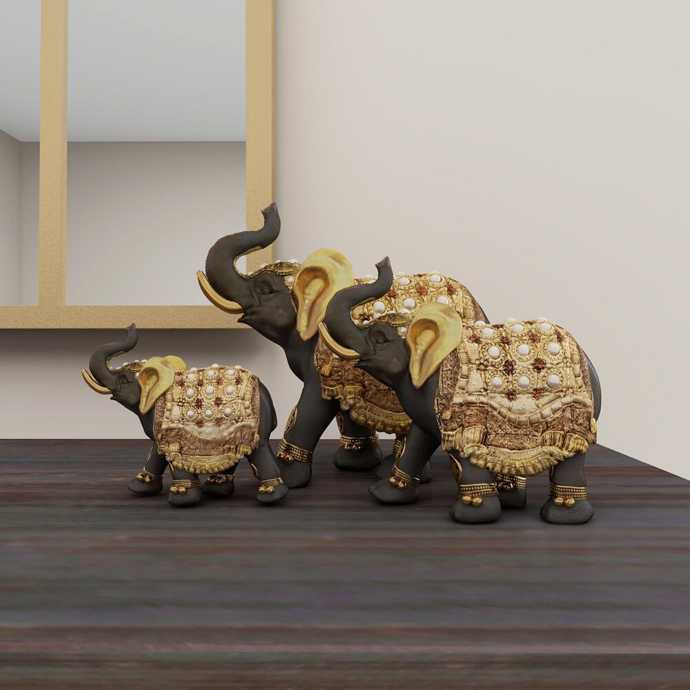 Maple and Jade Eclectic Elephant Sculpture in Gold &#40;Set of 3&#41;, , large