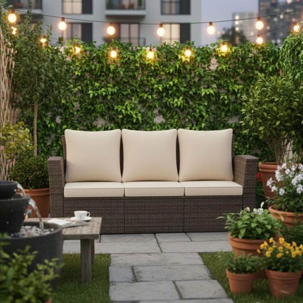 Hearth and Haven Outdoor Sofa with Black Wicker Frame in Beige, , large