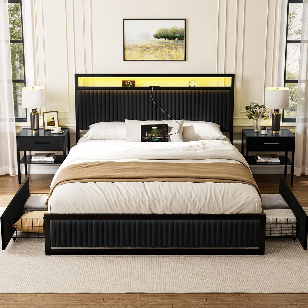 HOMLUX Full Upholstered Platform Storage Bed Frame in Black, , large