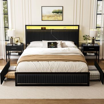 HOMLUX Full Upholstered Platform Storage Bed Frame in Black, , large