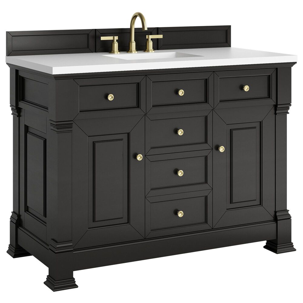 James Martin Vanities Brookfield 48" Single Bathroom Vanity in Black Onyx with 3 cm White Zeus Quartz Top and Rectangular Sink, , large