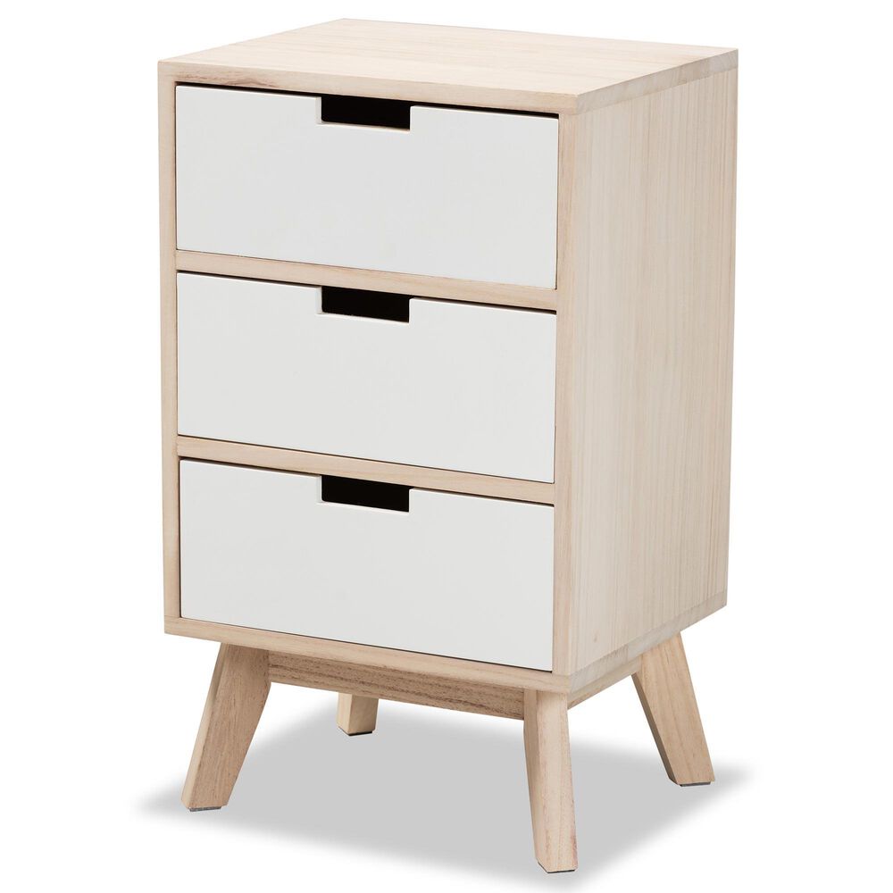 Baxton Studio Halian 3 Drawer Nightstand in White and Light Brown, , large
