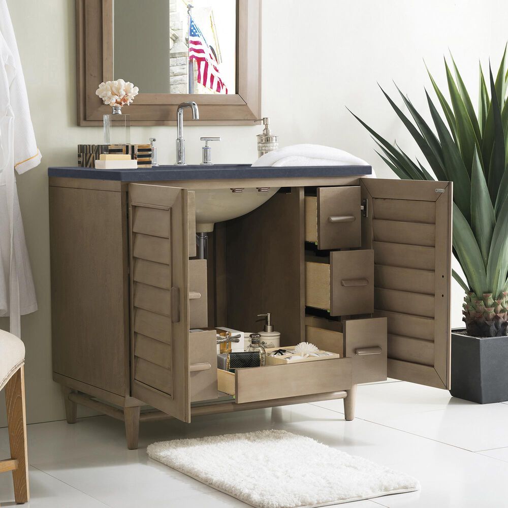 James Martin Vanities Portland 36&quot; Single Bathroom Vanity in Whitewashed Walnut with 3 cm White Zeus Quartz Top and Rectangular Sink, , large