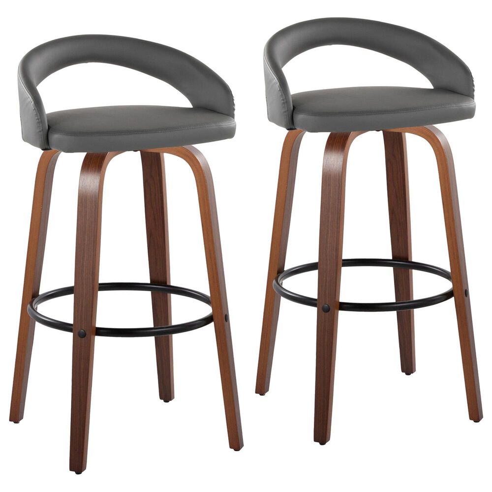 LumiSource Grotto Swivel Bar Stool with Grey Faux Leather Upholstery in Walnut Wood and Black (Set of 2), , large