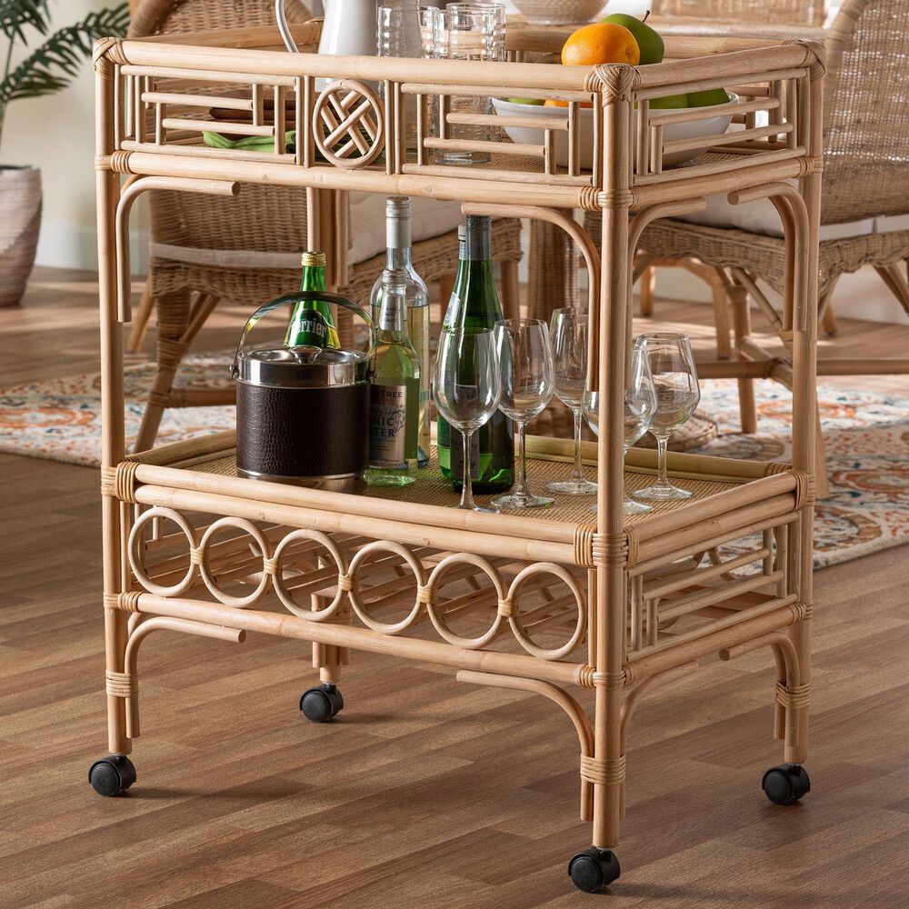 Baxton Studio Molina 2-Tier Wine Cart in Natural Brown and Black, , large