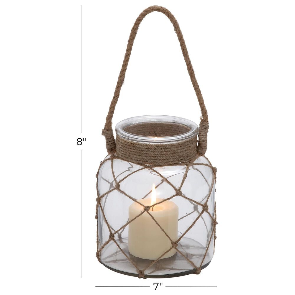 Maple and Jade Handmade Indoor/Outdoor Candle Lantern with Hanging Rope in Brown and Clear, , large