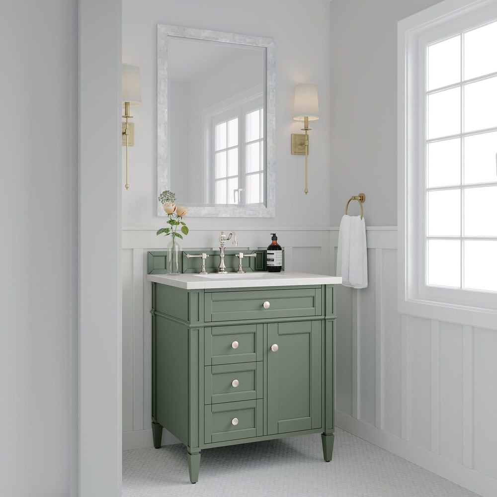 James Martin Vanities Brittany 30" Single Bathroom Vanity in Smokey Celadon with 3 cm White Zeus Quartz Top and Rectangular Sink, , large
