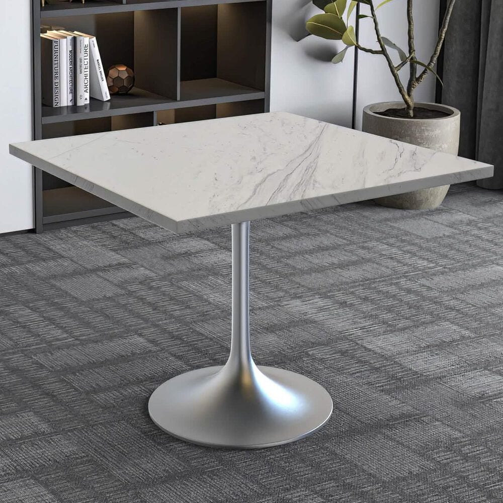 Leisuremod LeisureMod Verve Collection 36 Square Dining Table, Brushed Base with Laminated White Marbleized Top, , large