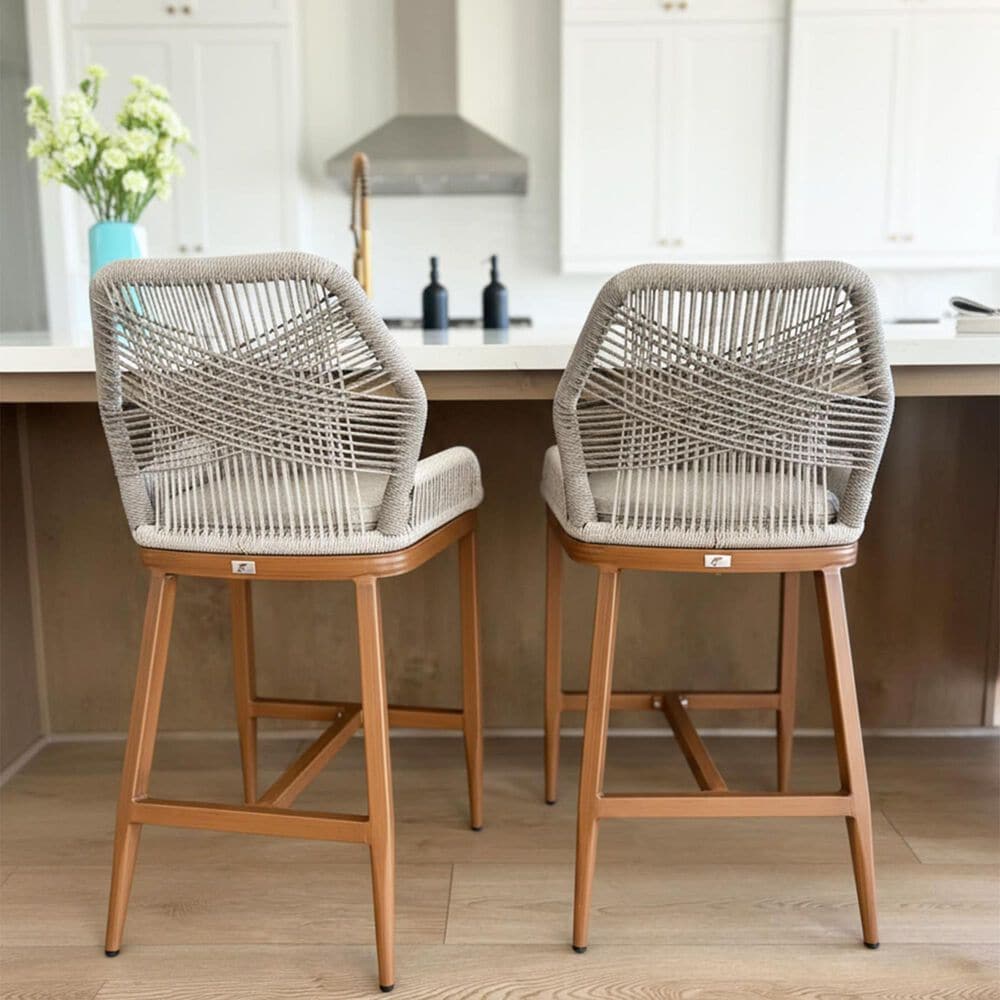 HOMLUX Outdoor Counter Stool with Teak Frame in Grey and Beige (Set of 2), , large