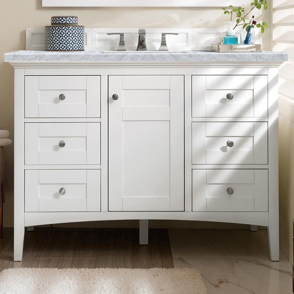 James Martin Vanities Palisades 48&quot; Single Bathroom Vanity in Bright White with 3 cm Carrara White Marble Top and Rectangular Sink, , large