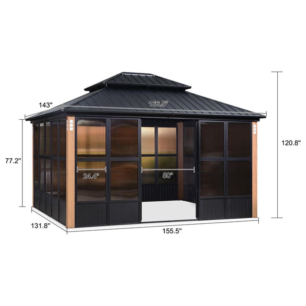 HOMLUX 12' x 14' Outdoor Hardtop Sunroom Gazebo with Aluminum Frame in Black, , large