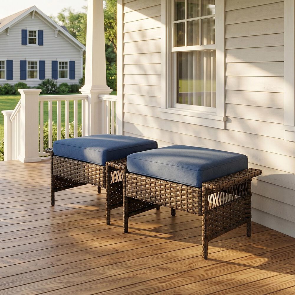 Sunwell Garden Outdoor Ottoman with Navy Cushion in Brown (Set of 2), , large