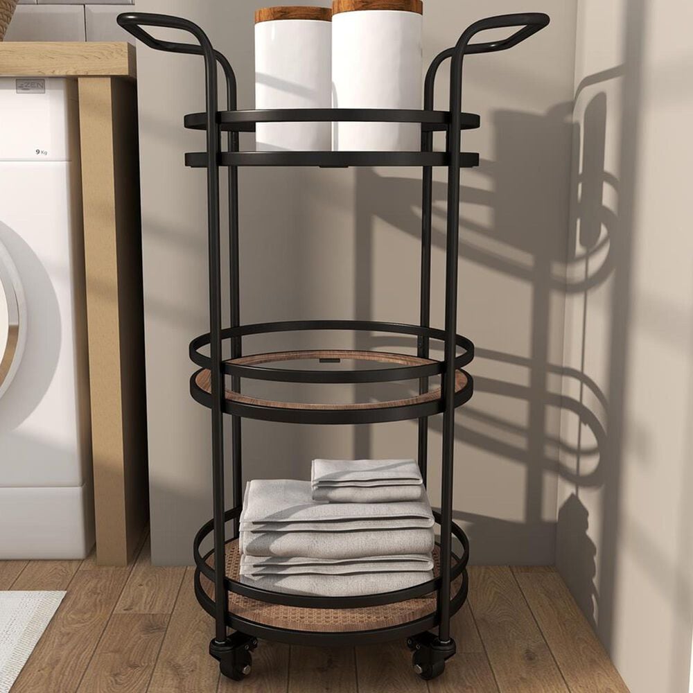 Maple and Jade 3-Shelf Bar Cart with Handle in Matte Black, Natural Brown and Clear, , large