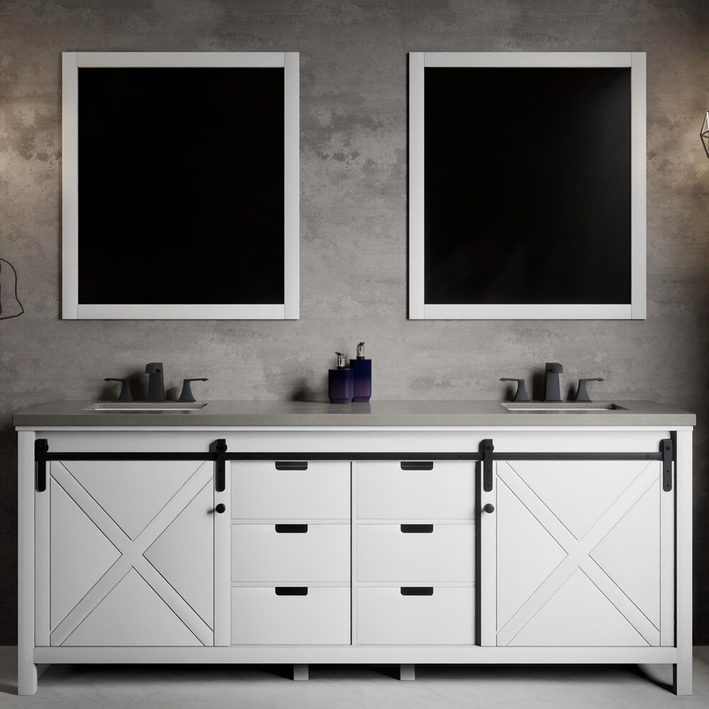 Lexora Home Marsyas 84" Double Bathroom Vanity in White with Grey Quartz Top and Rectangular Sinks, , large