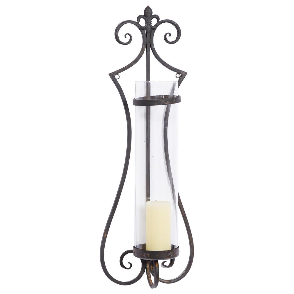Maple and Jade 31&quot; Single Fleur De Lis Indoor/Outdoor Wall Mount Candle Holder in Weathered Black, Copper and Clear, , large
