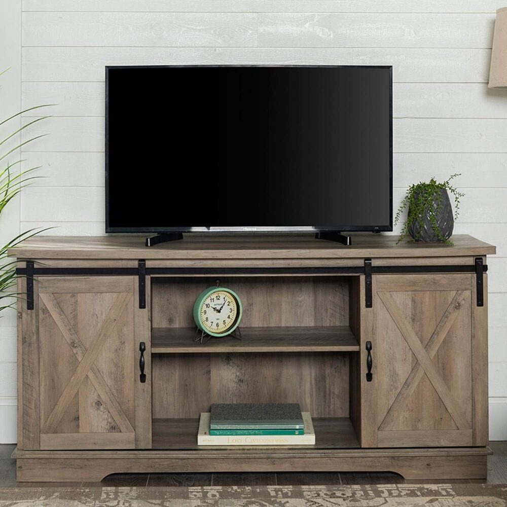 Walker Edison 58" Sliding Barn Door TV Stand in Grey Wash, , large