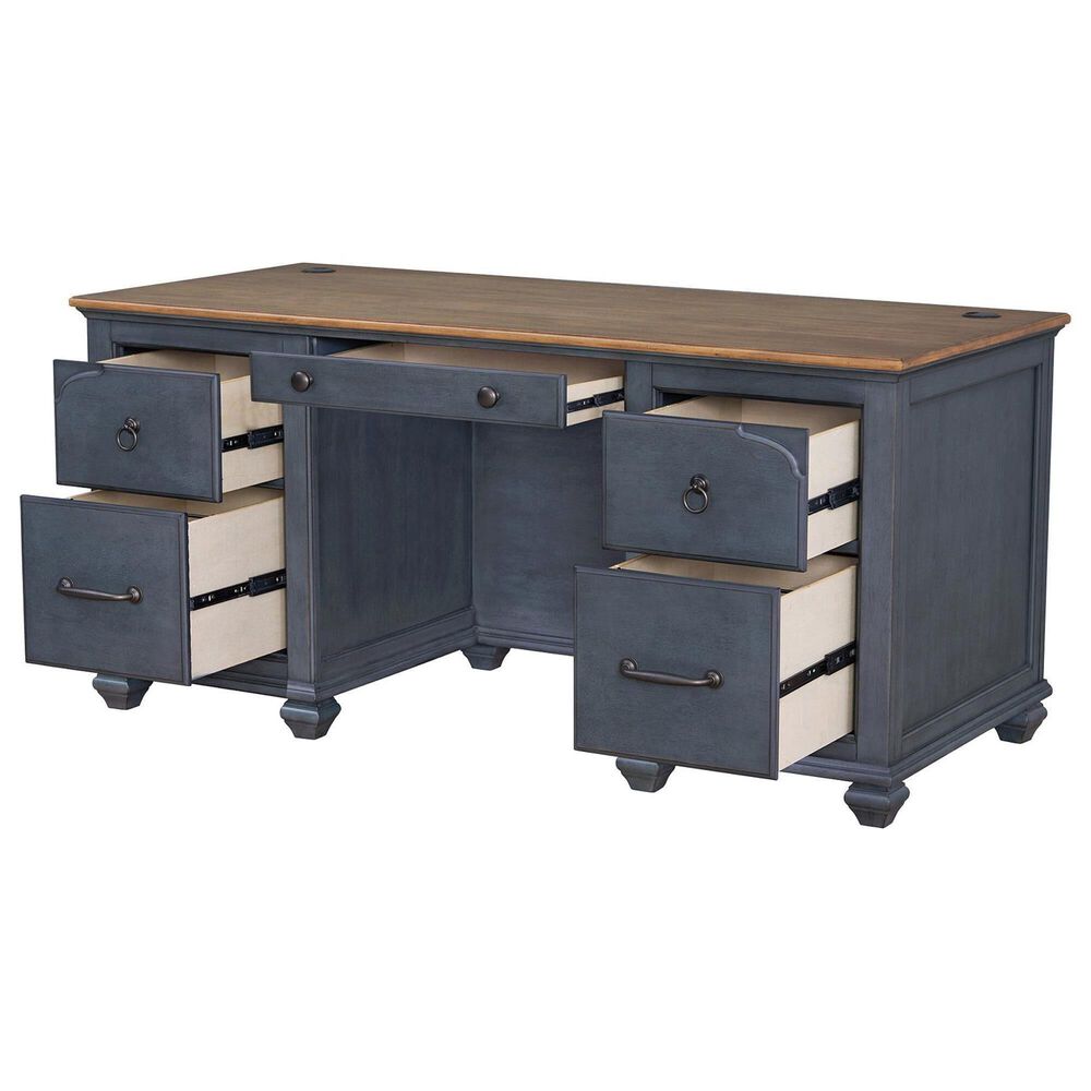 Legends Home Americana 2-Piece Executive Desk with Bookcase Pier Set in Corduroy Blue and Whiskey, , large