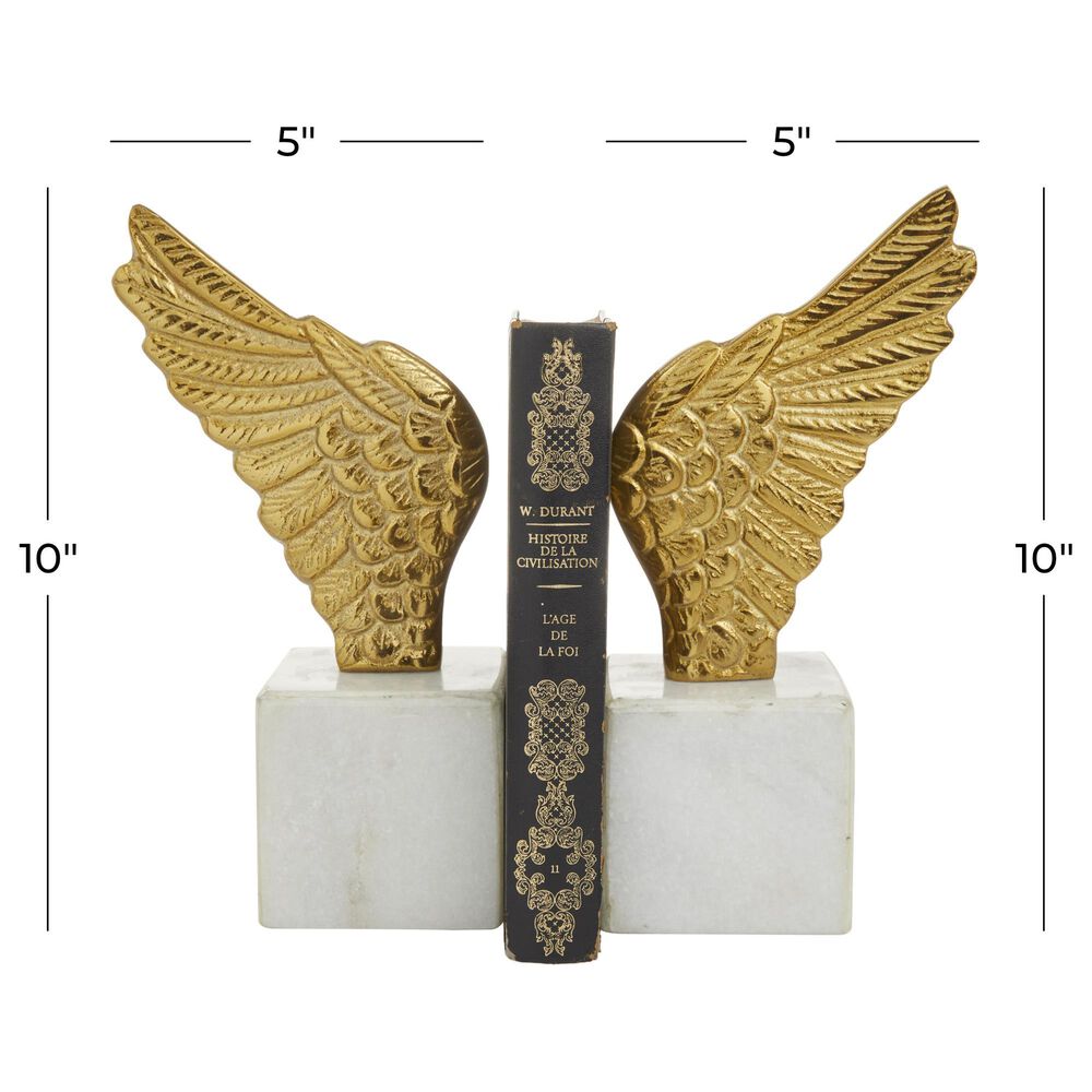 Maple and Jade 10" Angel Wing Bookend in White and Metallic Gold (Set
