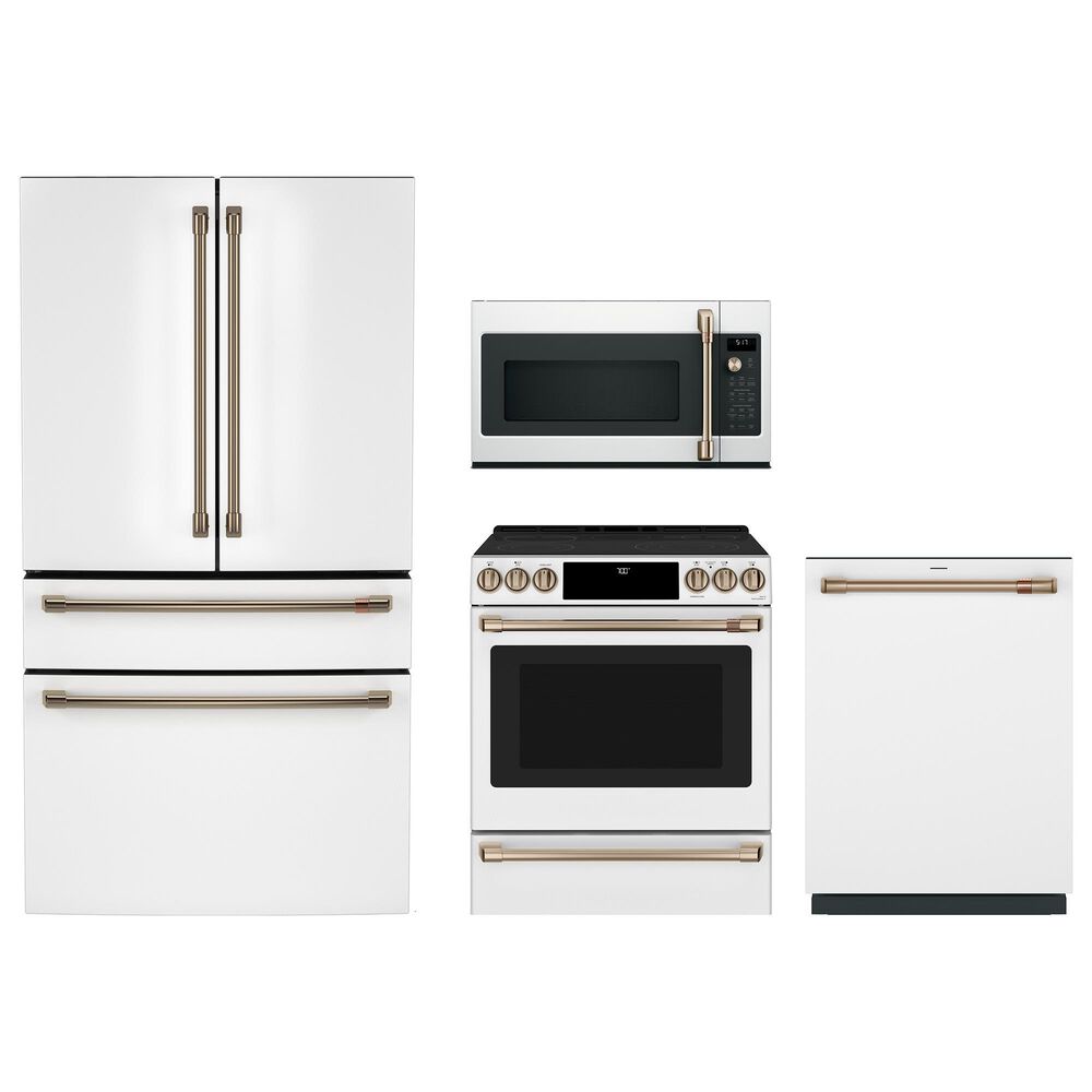 Cafe 4pc Kitchen Package with Refrigerator, Slide in Range, OTR Microwave, and Dishwasher in White, , large