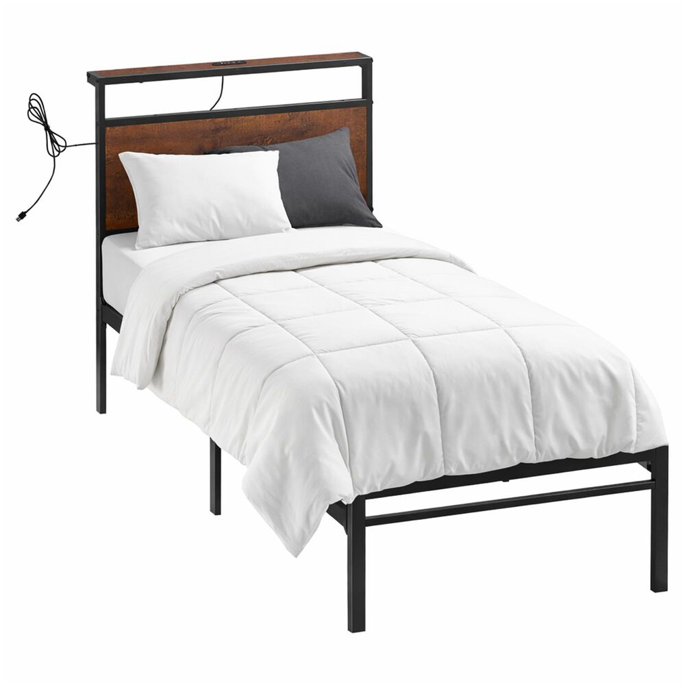 HOMLUX Industrial Twin Platform Bed with LED Headboard and Charging Station in Rustic Brown, , large