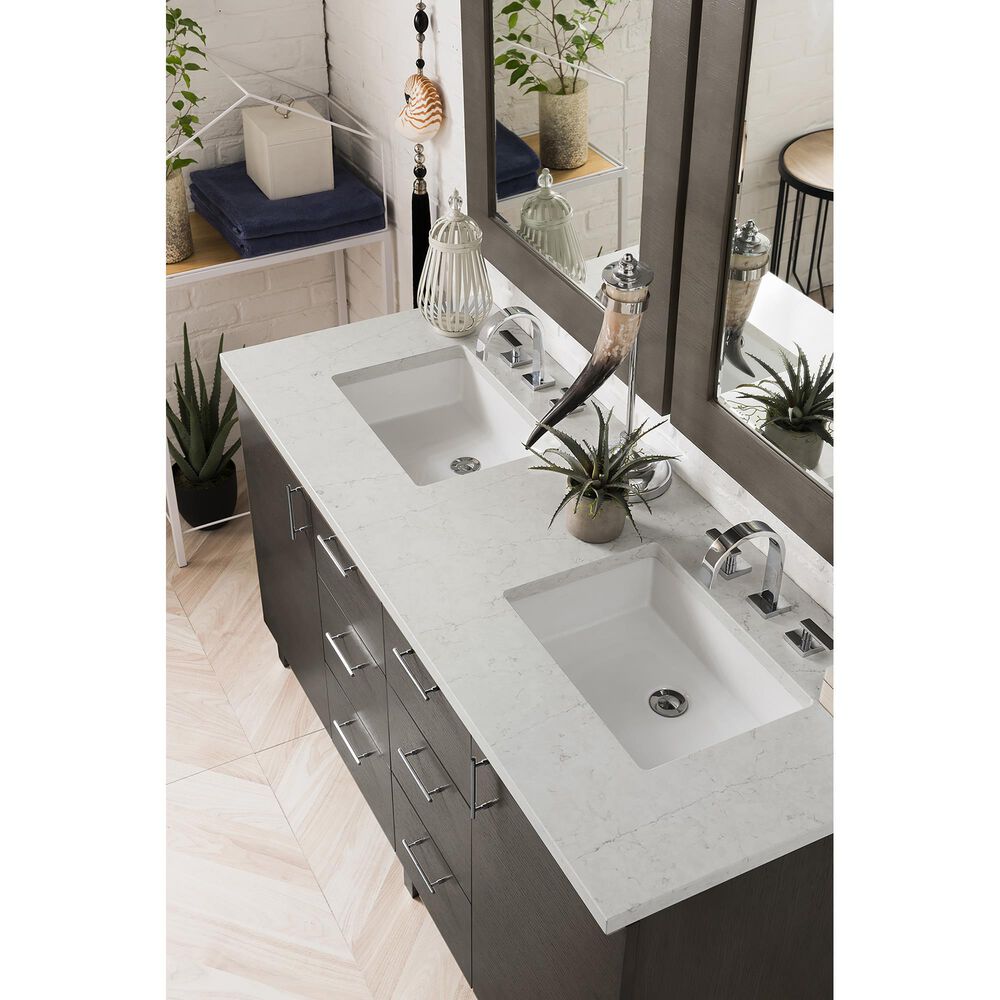 James Martin Vanities Metropolitan 60&quot; Double Bathroom Vanity in Silver Oak with 3 cm Eternal Jasmine Pearl Quartz Top and Rectangular Sinks, , large