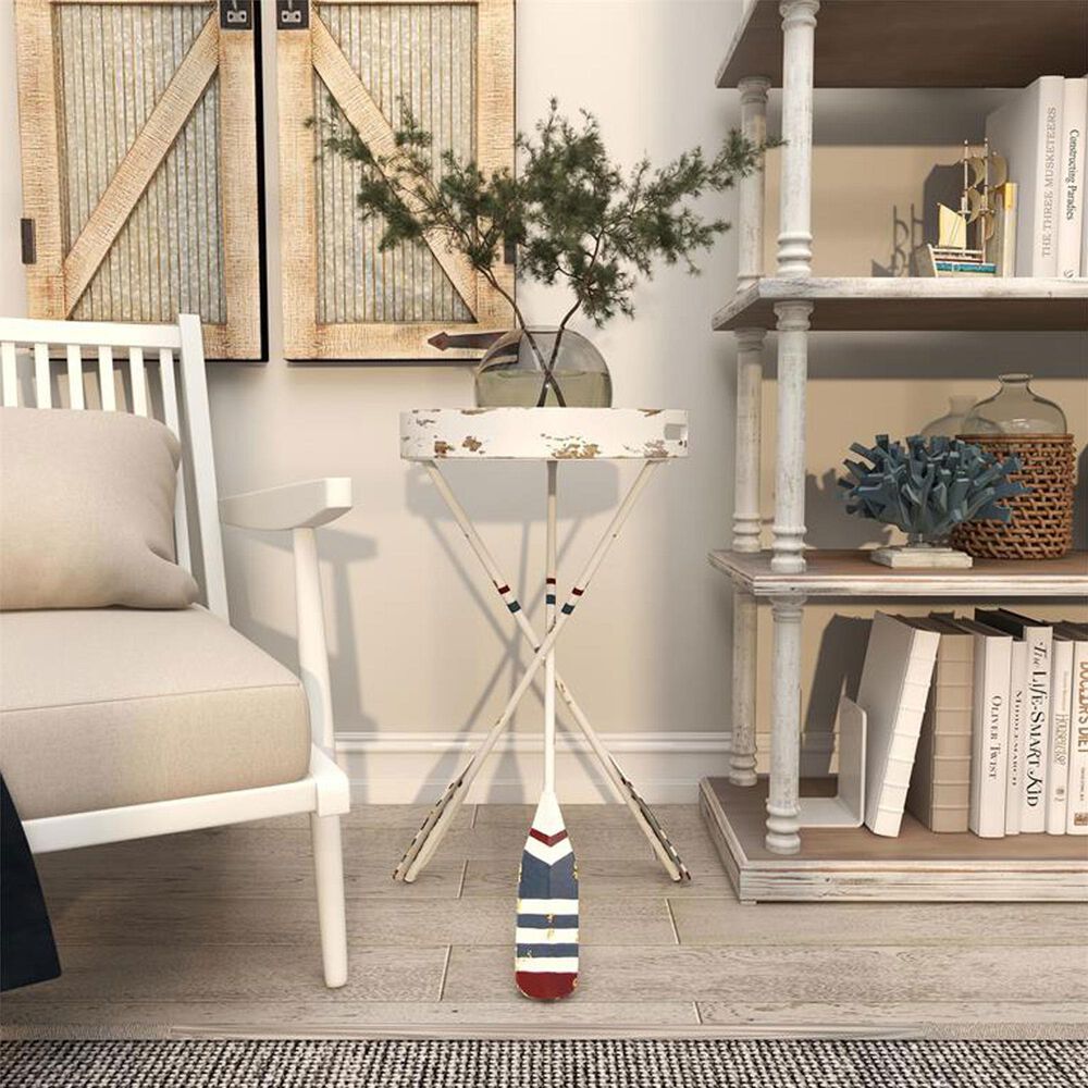 Maple and Jade Striped Paddle Accent End Table in Distressed White, Navy and Red, , large
