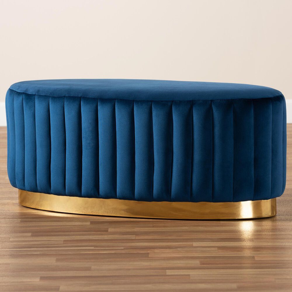 Baxton Studio Kirana Ottoman in Navy Blue and Gold, , large