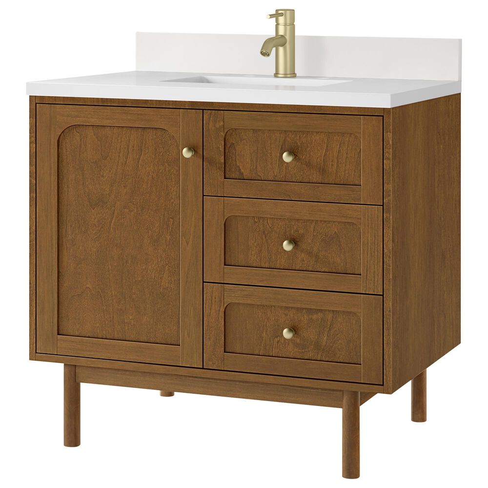 James Martin Laurent 36" Single Bathroom Vanity in Honey Oak with Single Hole 3 cm White Zeus Silestone Top and Rectangular Sink, , large