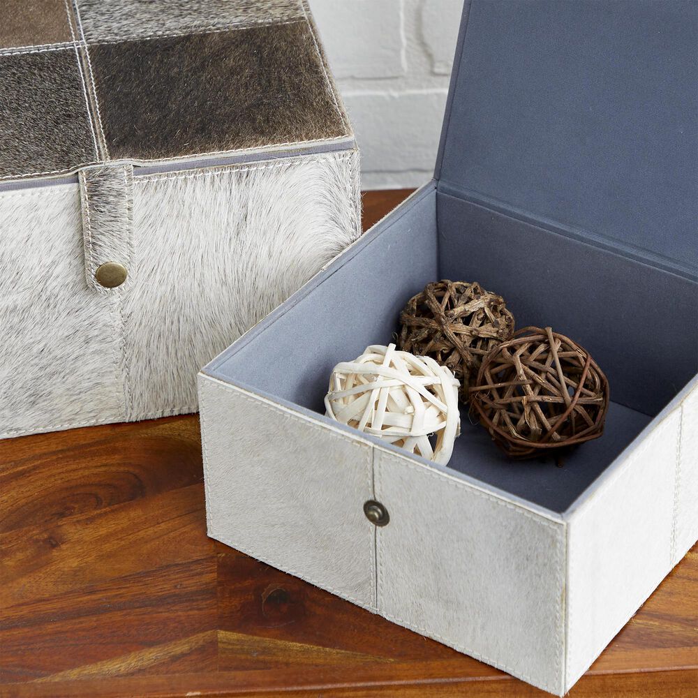 Maple and Jade 2-Piece Handmade Cowhide Decorative Box Set with Snap Front Closure in Gray, , large
