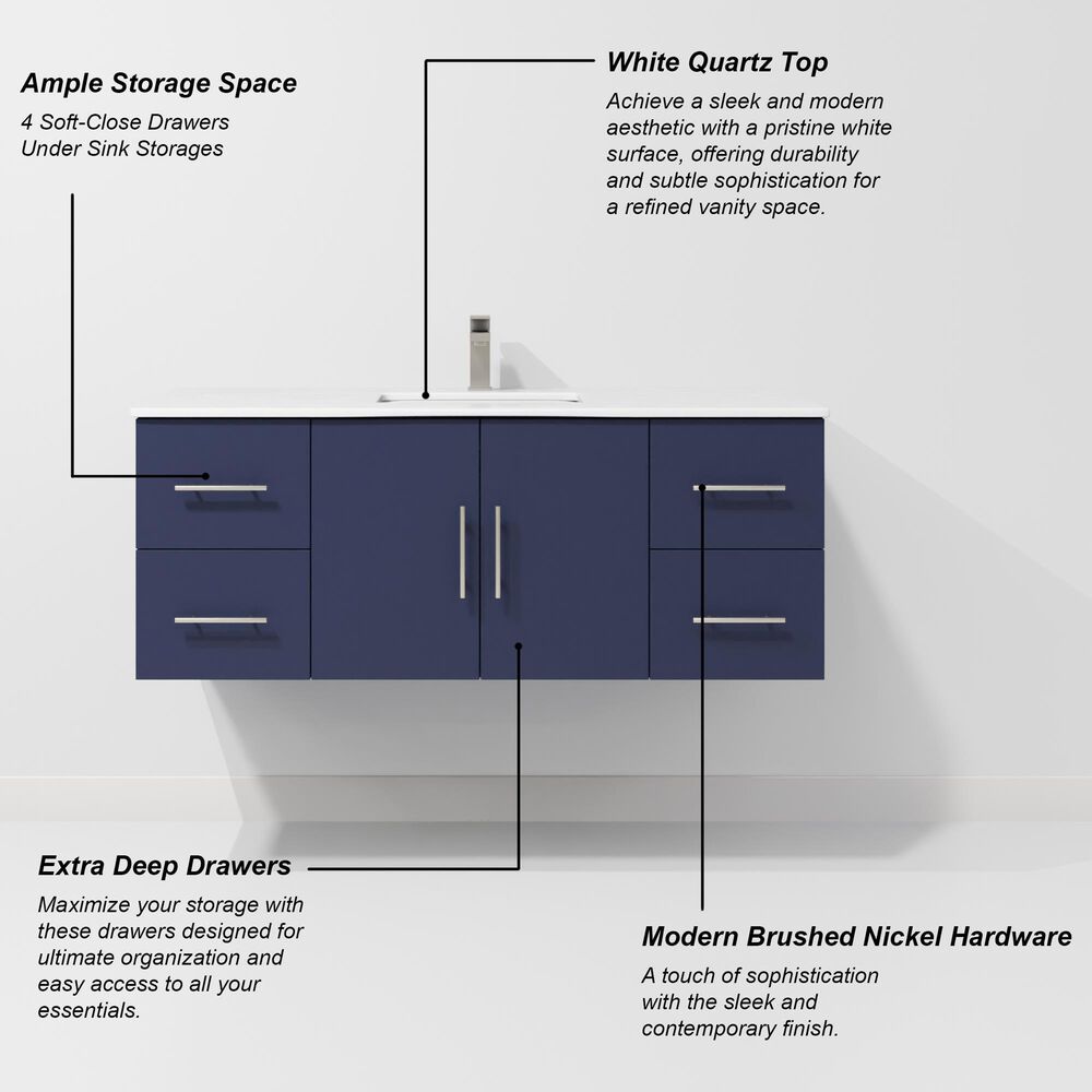 Lexora Home Geneva 48&quot; Single Bathroom Vanity in Navy Blue with 2 cm White Quartz Top and Rectangular Sink, , large