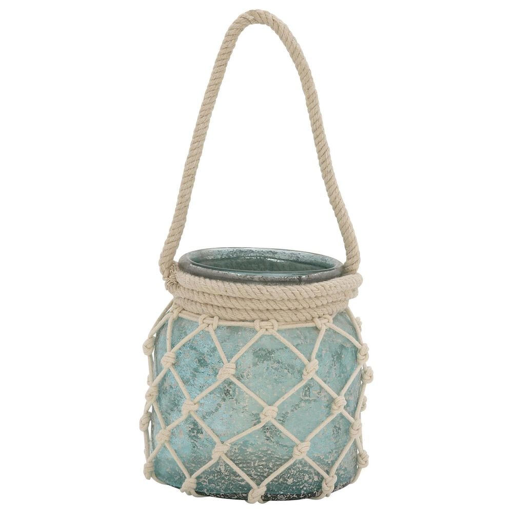 Maple and Jade 7" x 15" Indoor/Outdoor Candle Lantern with Rope Handle in Frosted Blue and Cream, , large