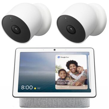 Google Nest Hub Max with Google Assistant - Chalk + Nest Indoor and Outdoor Battery-Powered Security Camera in Snow - Set of 2, , large
