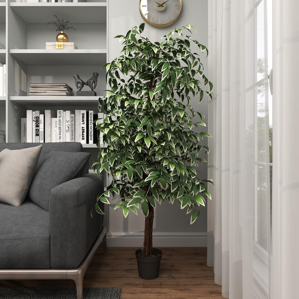 Maple and Jade Indoor/Outdoor Tall Artificial Ficus with Black Plastic Pot in Green and Brown, , large