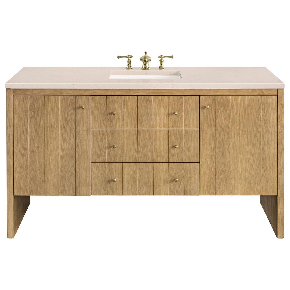 James Martin Vanities Hudson 60" Single Bathroom Vanity in Light Natural Oak with 3 cm Eternal Marfil Quartz Top and Rectangular Sink, , large