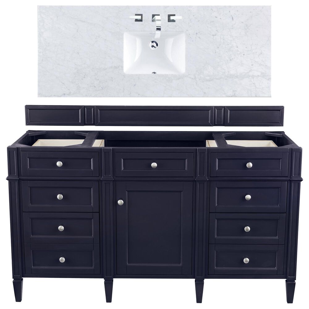 James Martin Vanities Brittany 60" Single Bathroom Vanity in Victory Blue with 3 cm Carrara White Marble Top and Rectangle Sink, , large