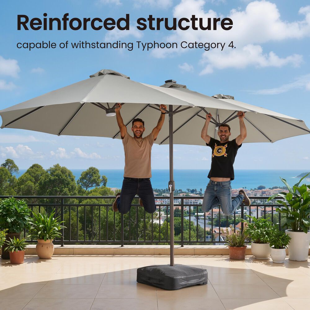 HOMLUX 15' Double-Sided Outdoor Market Umbrella with Sandbag Base and RGB LED Lights in Light Gray, , large