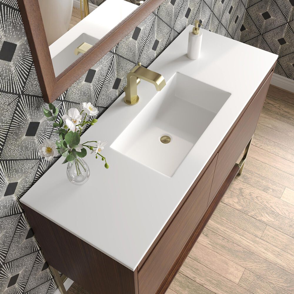 James Martin Vanities Mantova 47.3&quot; Single Vanity in Mid-Century Walnut and Champagne Brass with 3 cm Glossy White Composite Stone Top and Rectangular Sink, , large