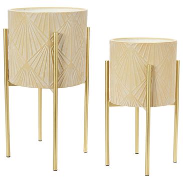 Creative Coop 2-Piece Modern Boho Embossed Metal Planter with Stand Set in Cream and Gold, , large