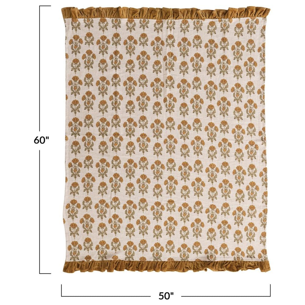 Creative Coop Cozy 60"x 50" Cotton Slub Printed Throw with Velvet Ruffle in Multicolor, , large