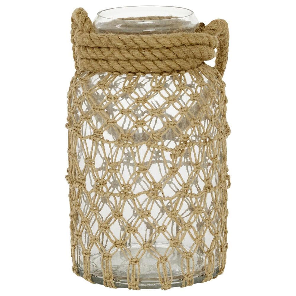 Maple and Jade 12&quot; Decorative Indoor/Outdoor Candle Lantern with Rope Handle in Clear and Brown, , large