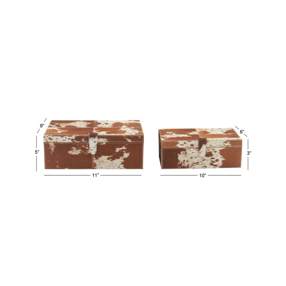 Maple and Jade 2-Piece Handmade Cowhide Decorative Box Set with Snap Front Closure in Brown and White, , large
