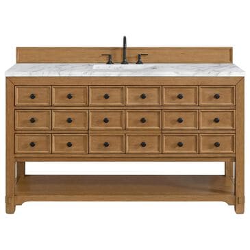 James Martin Malibu 60" Single Bathroom Vanity in Amber Birch with 3 cm Carrara White Marble Top and Rectangular Sink, , large